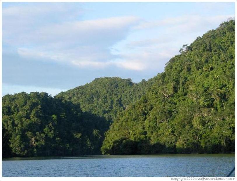 Lush mountains arising from the river.