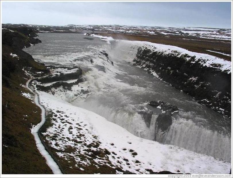 Gullfoss in the winter, an intricate waterfall and one of Iceland's top tourist destinations.