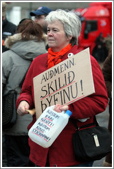 Protest in Reykjavik.  The sign says "Au?n. Skili?finu!" ("Rich people. Return the swag!") and the bottle says "K?stum ekki grj?  K?stum r?s-stj?nni!" ("Let's not chuck rocks! Let's chuck the government!").