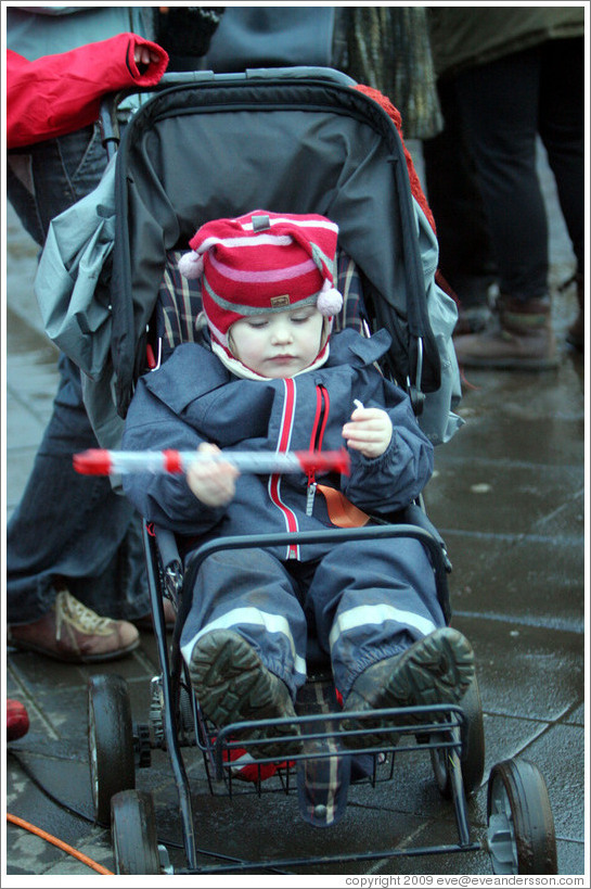 Reykjavik protest.  Child with a recorder (wind instrument).