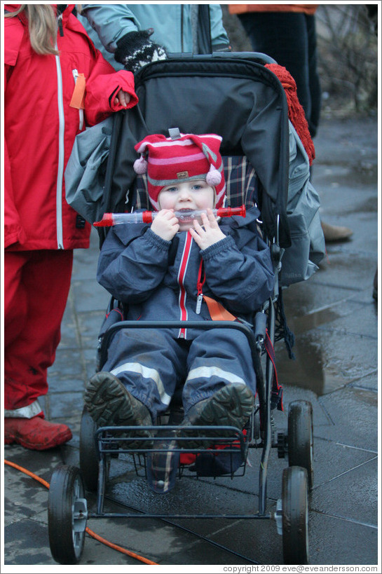 Reykjavik protest.  Child with a recorder (wind instrument).