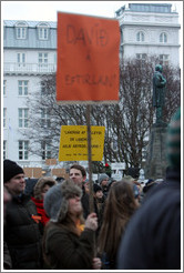 Reykjavik protest.  The orange sign says "Dav??ftirlaun" ("Retire Dav?).