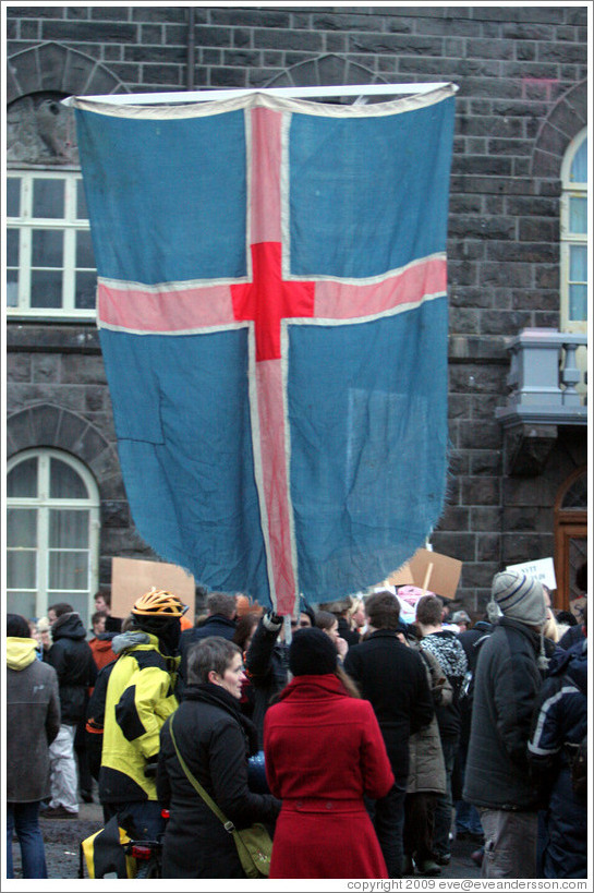 Reykjavik protest.  Icelandic flag.