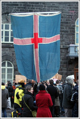 Reykjavik protest.  Icelandic flag.