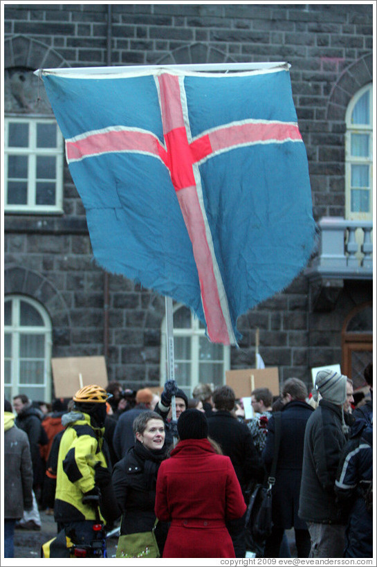 Reykjavik protest.  Icelandic flag.