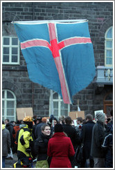 Reykjavik protest.  Icelandic flag.