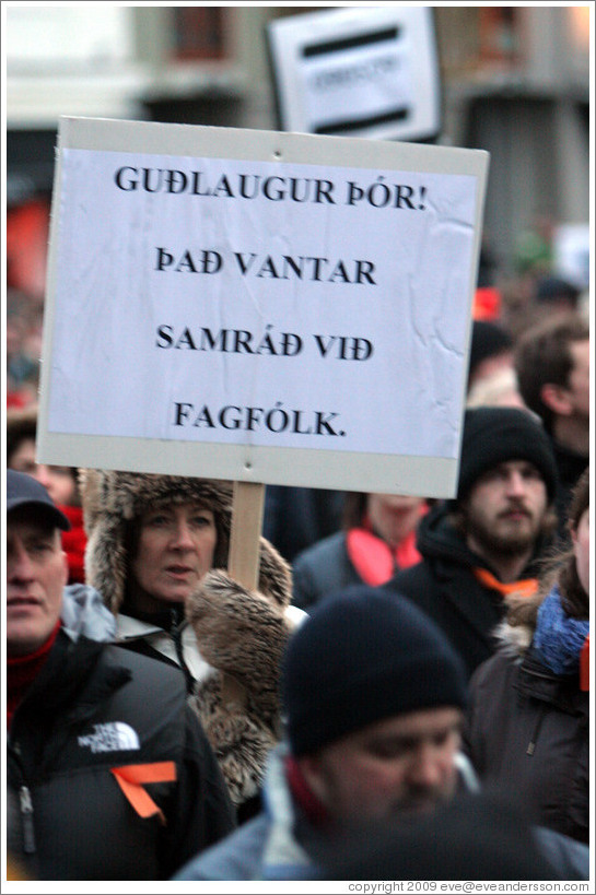 Reykjavik protest.  The sign says "Gu?gur ?r!  ??ntar samr?vi?gf? ("Gu?gur ?r [?r?on, Minister of Health]! Consultation of professionals is needed").