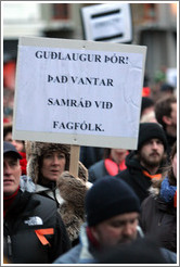 Reykjavik protest.  The sign says "Gu?gur ?r!  ??ntar samr?vi?gf? ("Gu?gur ?r [?r?on, Minister of Health]! Consultation of professionals is needed").