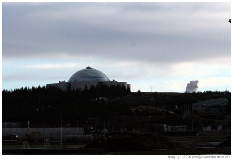 Perlan restaurant, with its man-made geyser erupting.