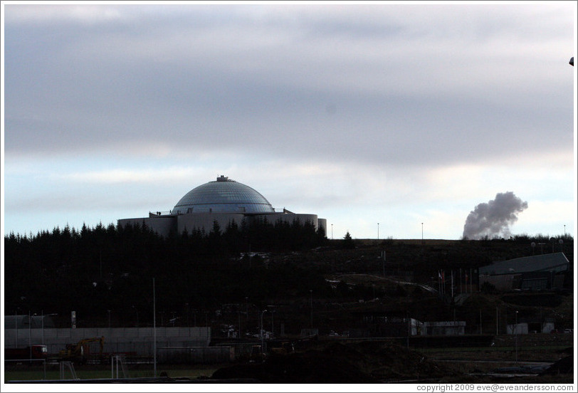 Perlan restaurant, with its man-made geyser erupting.