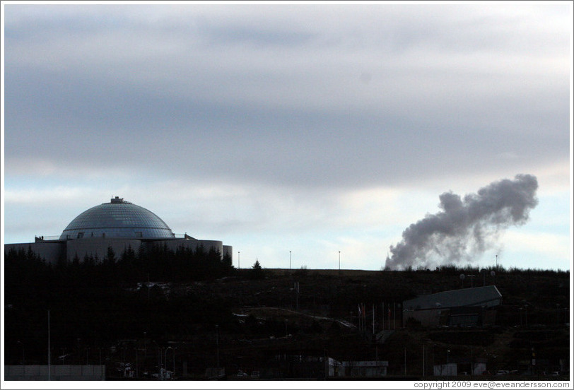 Perlan restaurant, with its man-made geyser erupting.