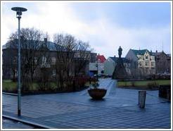 Austurv&ouml;llur, a square in old town Reykjavik surrounded by the Parliament Building, the city's oldest church Domkirkja, the Hotel Borg, and the dance club NASA