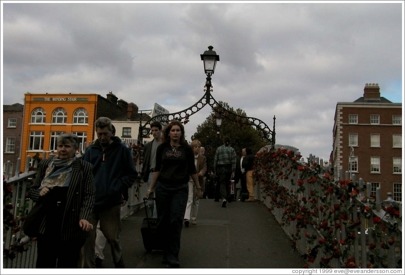 Crossing the most photographed bridge in Dublin.