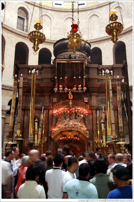 Outside of Christ's tomb, with crowd waiting to enter.   Church of the Holy Sepulchre, Christian Quarter, Old City of Jerusalem.