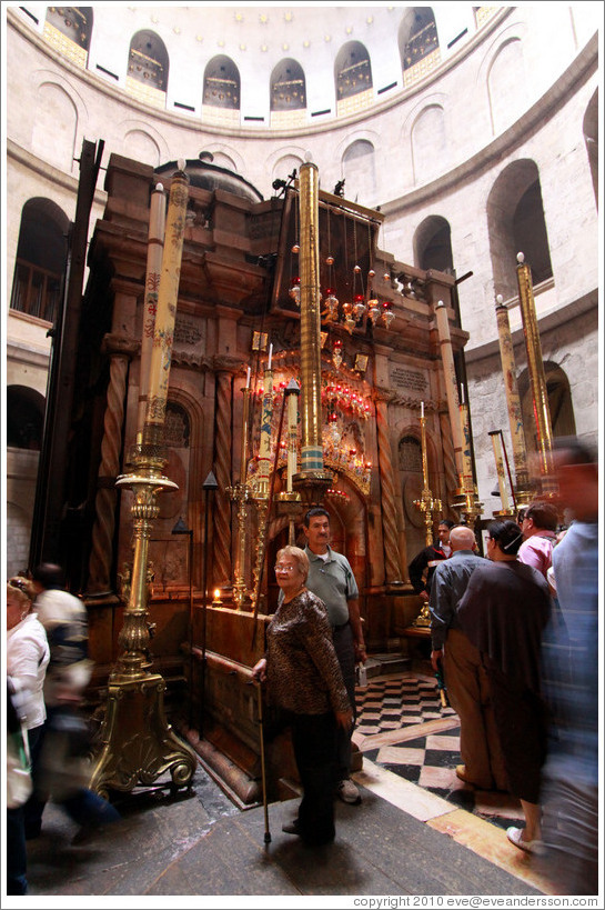 Outside of Christ's tomb, with crowd waiting to enter.   Church of the Holy Sepulchre, Christian Quarter, Old City of Jerusalem.