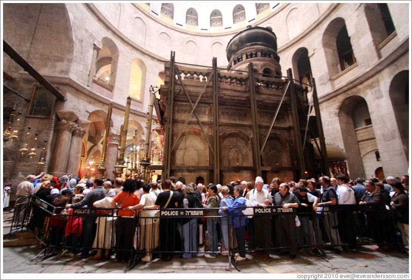 Outside of Christ's tomb, with crowd waiting to enter.   Church of the Holy Sepulchre, Christian Quarter, Old City of Jerusalem.