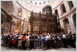 Outside of Christ's tomb, with crowd waiting to enter.   Church of the Holy Sepulchre, Christian Quarter, Old City of Jerusalem.