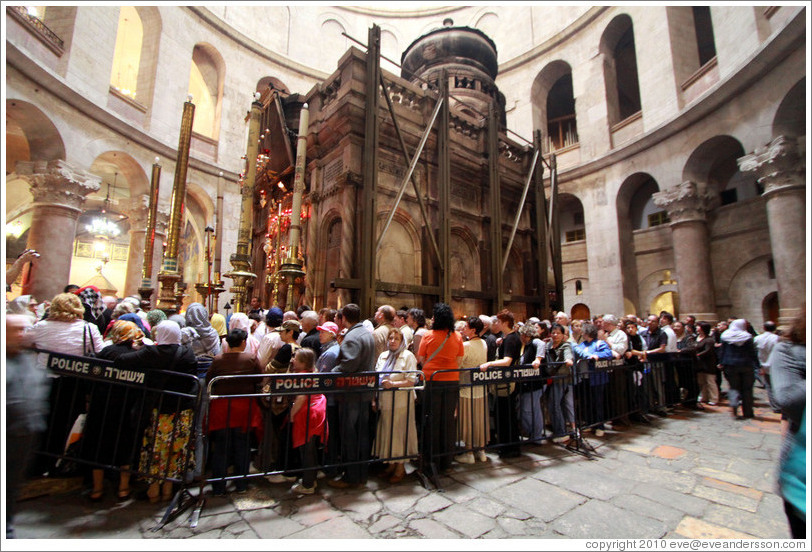 Outside of Christ's tomb, with crowd waiting to enter.   Church of the Holy Sepulchre, Christian Quarter, Old City of Jerusalem.