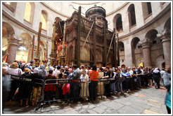 Outside of Christ's tomb, with crowd waiting to enter.   Church of the Holy Sepulchre, Christian Quarter, Old City of Jerusalem.