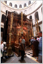 Outside of Christ's tomb, with crowd waiting to enter.   Church of the Holy Sepulchre, Christian Quarter, Old City of Jerusalem.
