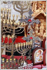 Adjacent Jewish and Christian goods for sale, The Muristan, Christian Quarter, Old City of Jerusalem.
