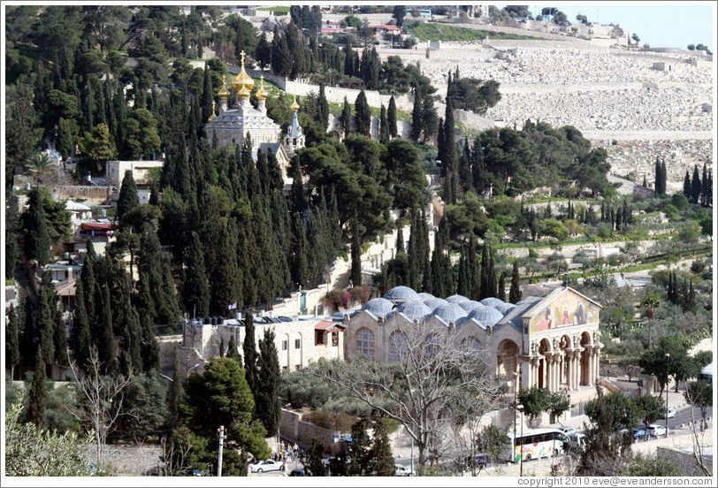 Church of All Nations and Church of St. Mary Magdalene, Mount of Olives.  Viewed from the Yeusefiya cemetery, Jerusalem.