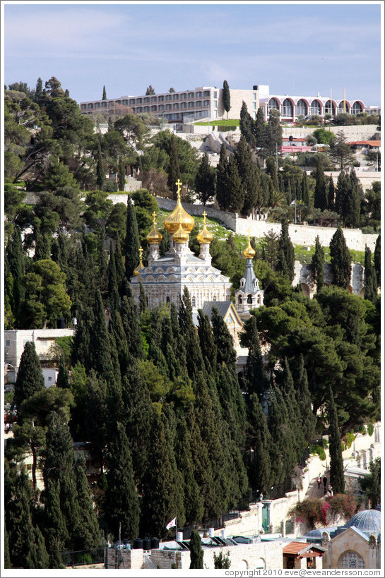 Church of St. Mary Magdalene, Mount of Olives.  Viewed from the Yeusefiya cemetery, Jerusalem.