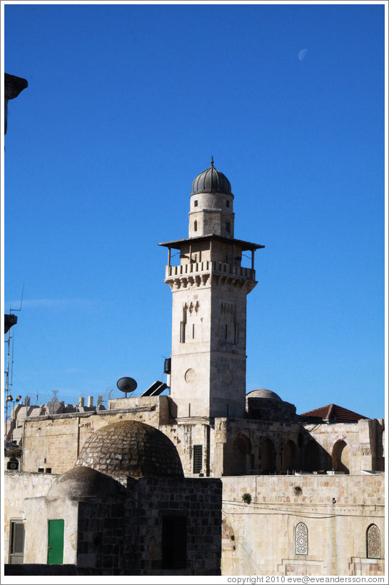 Tower, with faintly visible moon, Haram esh-Sharif (Temple Mount).