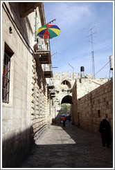 The Lions' Gate and a colorful umbrella, Muslim Quarter, Old City of Jerusalem.