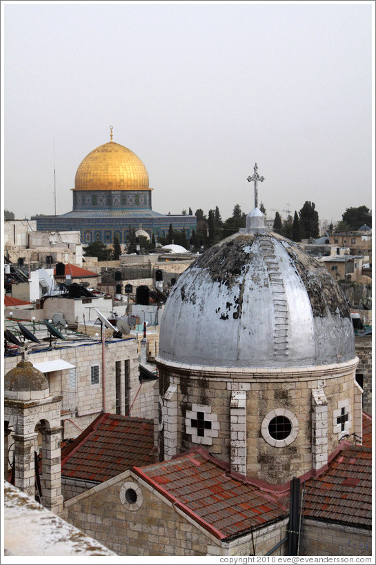 View of two domes - one a mosque, the other a church - from the Austrian Hospice of the Holy Family, Old City of Jerusalem.