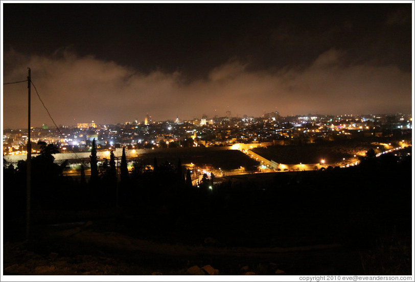 Night view of the Old City of Jerusalem from the Mount of Olives.