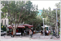 Bicyclist and caf?Rothschild Boulevard.
