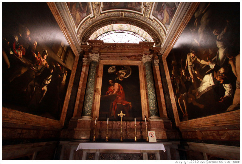 Contarelli Chapel, containing three paintings by Caravaggio: The Calling of St Matthew, The Inspiration of Saint Matthew, and The Martyrdom of Saint Matthew.  San Luigi dei Francesi (Church of St. Louis of the French).