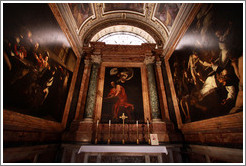 Contarelli Chapel, containing three paintings by Caravaggio: The Calling of St Matthew, The Inspiration of Saint Matthew, and The Martyrdom of Saint Matthew.  San Luigi dei Francesi (Church of St. Louis of the French).