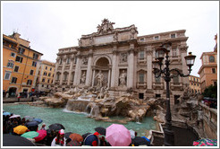 Fontana di Trevi (Trevi Fountain) on a rainy day, visited by an umbrella-toting crowd.