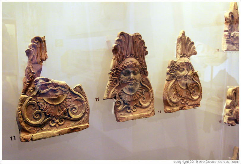 Antefissa a maschera silenica (carved mask ornaments on the roof of a building), 36-28 BC.? Museo Palatino (Palatine Museum).