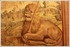 Lion detail, Justice Faith (Religion) Charity, ornamental cover of the throne of Clement VIII, Brussels 1523-1534, worshop of Pieter van Aelst, Vatican Museums.