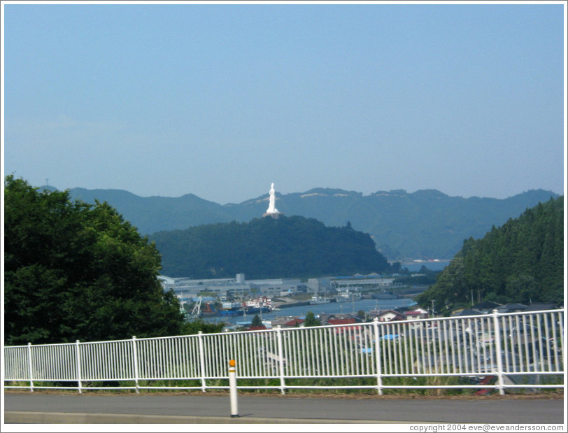 Entering the town of Kamaishi.  The Kamaishi Daikannon is visible.