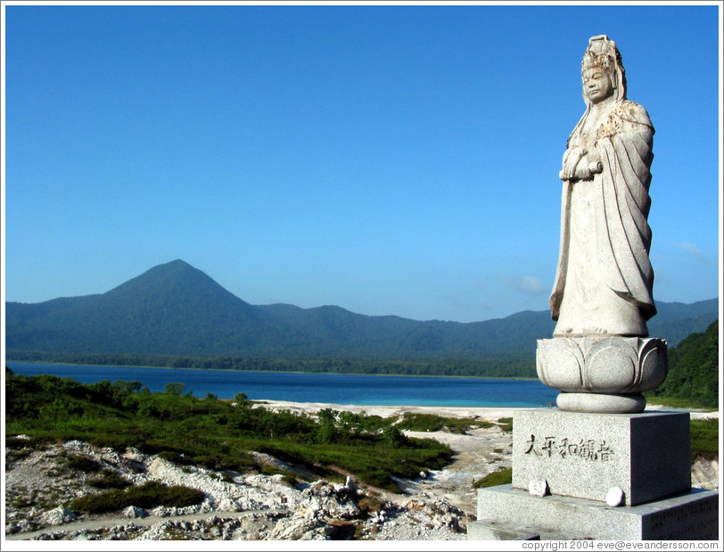 Buddha overlooking crater lake.  Mt. Osorezan.