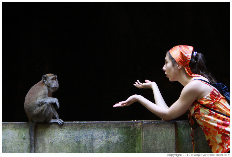 Monkey and girl conversing, Batu Caves.