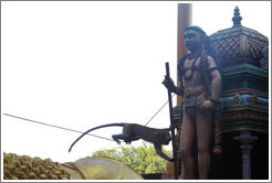 Monkey leaping from wire onto statue, stairway, Batu Caves.