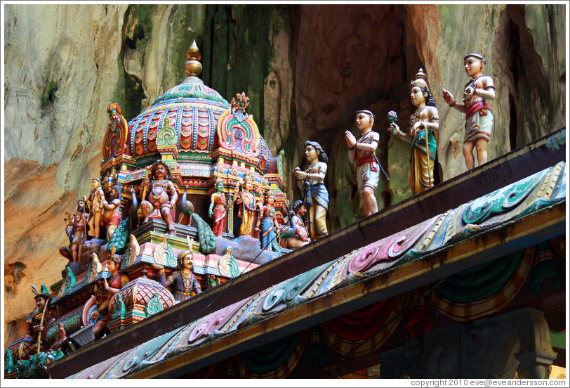 Figures on roof, temple, 2nd level, Batu Caves.