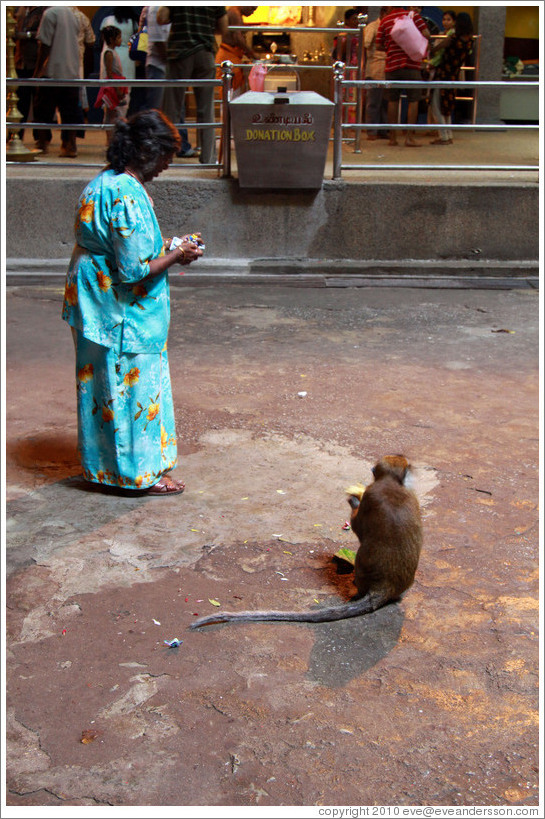 Woman and monkey, Batu Caves.