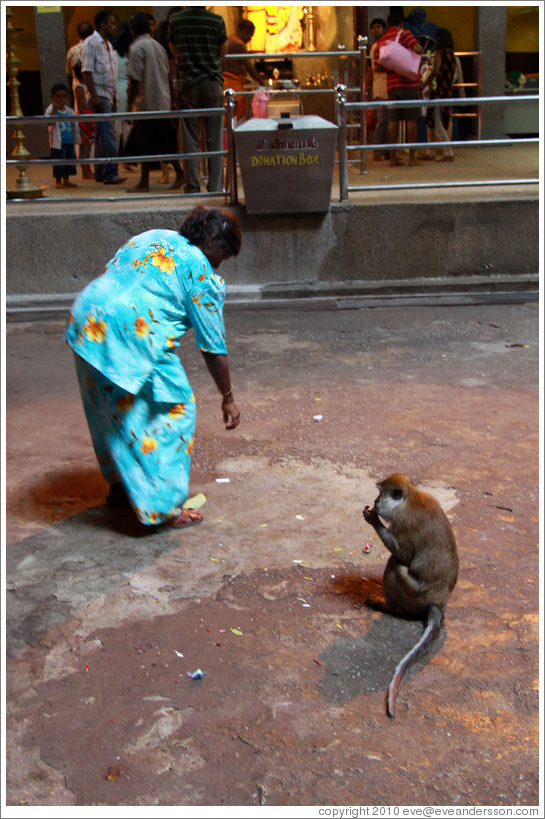 Woman and monkey, Batu Caves.