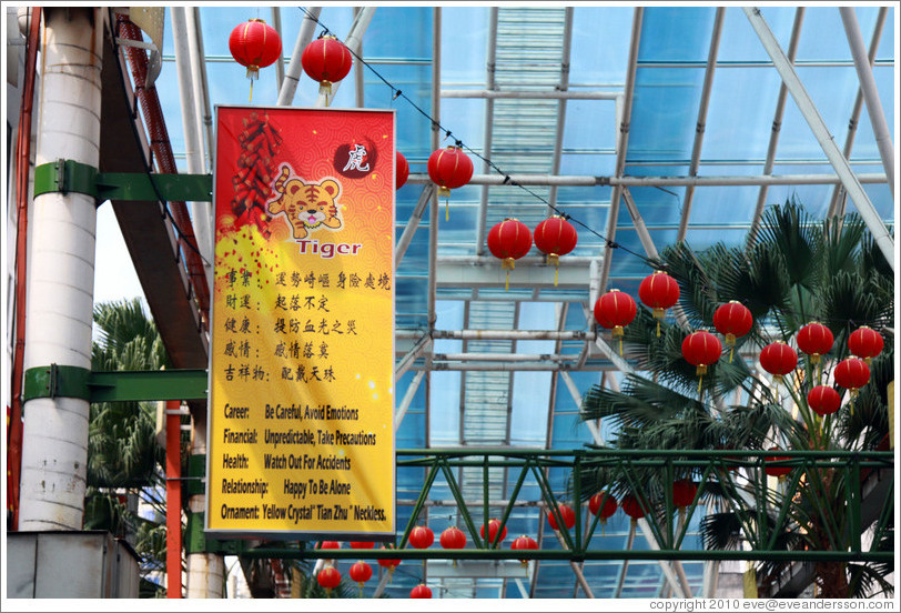 Sign displaying the qualities of people born in the year of the Tiger (generally negative), Jalan Petaling (Petaling Street), Chinatown.