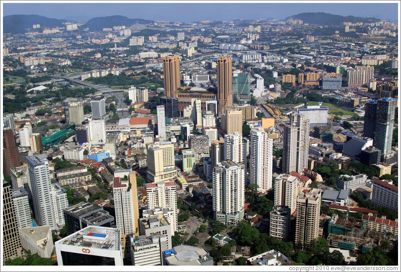 View of Kuala Lumpur from the KL Tower.  The two pronged building in the center is Times Square.