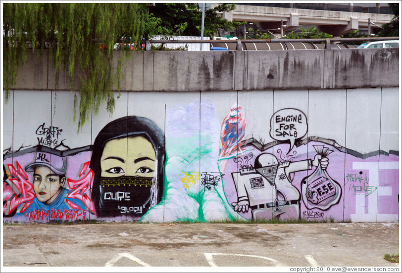 Graffiti at the bank of the Sungai Kelang depicting a veiled woman and a man selling an F-5E engine, presumably one of those from an airbase of the Royal Malaysian Air Force in Dec 2007/Jan 2008.