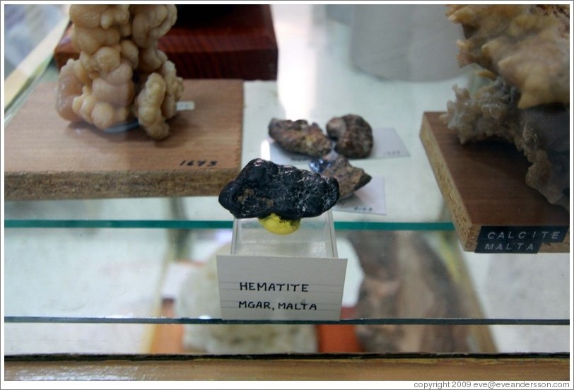 Hematite from Mgarr, Malta, geology exhibit, St. Agatha's Catacombs.