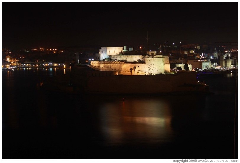 Fort St. Angelo at night, viewed from the British Hotel, Valletta.