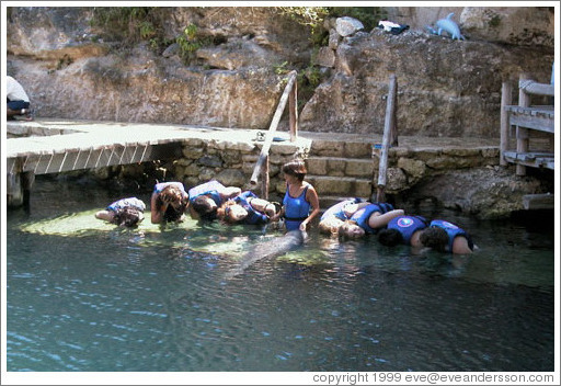 Eve swims with the dolphins. Xcaret.